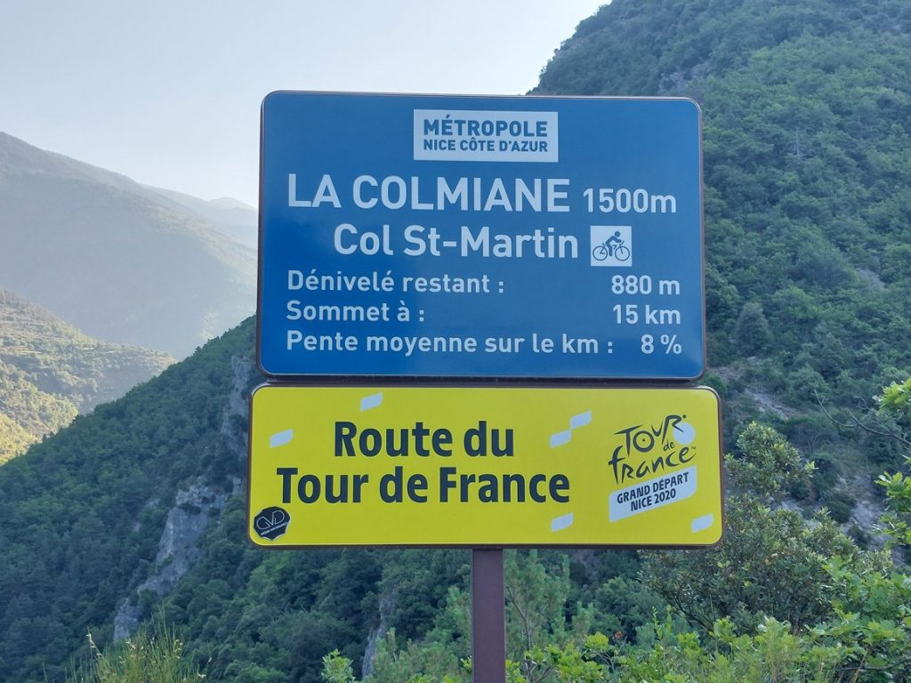 Panneau bas du col de St-Martin, La Colmiane, route du Tour de France